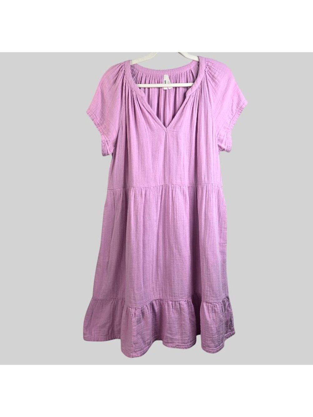 Pact Organic Cotton Gauze Mini Dress Purple Lilac Tiered Pocket Coastal Summer L - Picture 2 of 11